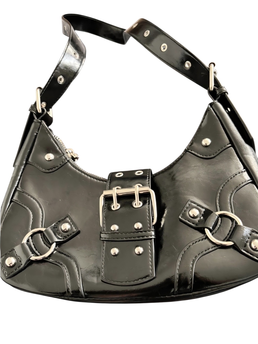 Y2K Black Patent Buckle Shoulder Bag